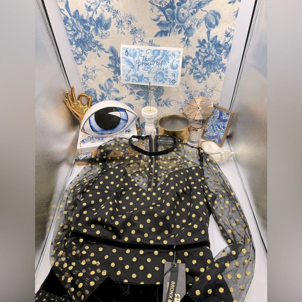🆕 BRONX & BANCO 🧿 NWT Suns Mesh & Velvet Fit & Flare Mini Dress - Sz L - US 8 - Picture 2 of 16